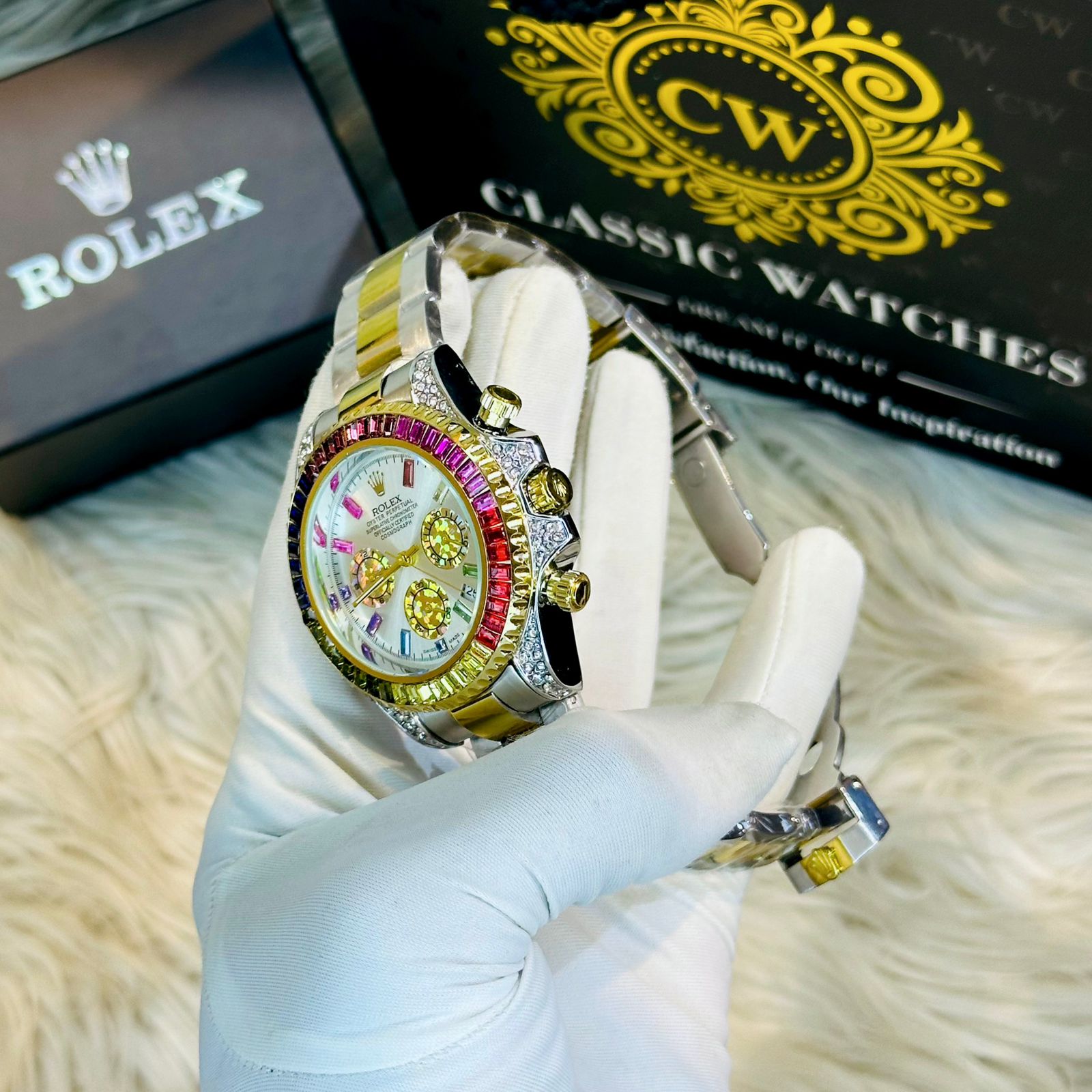 Premium Quality RLX Rainbow White Watches & Bracelet Combo