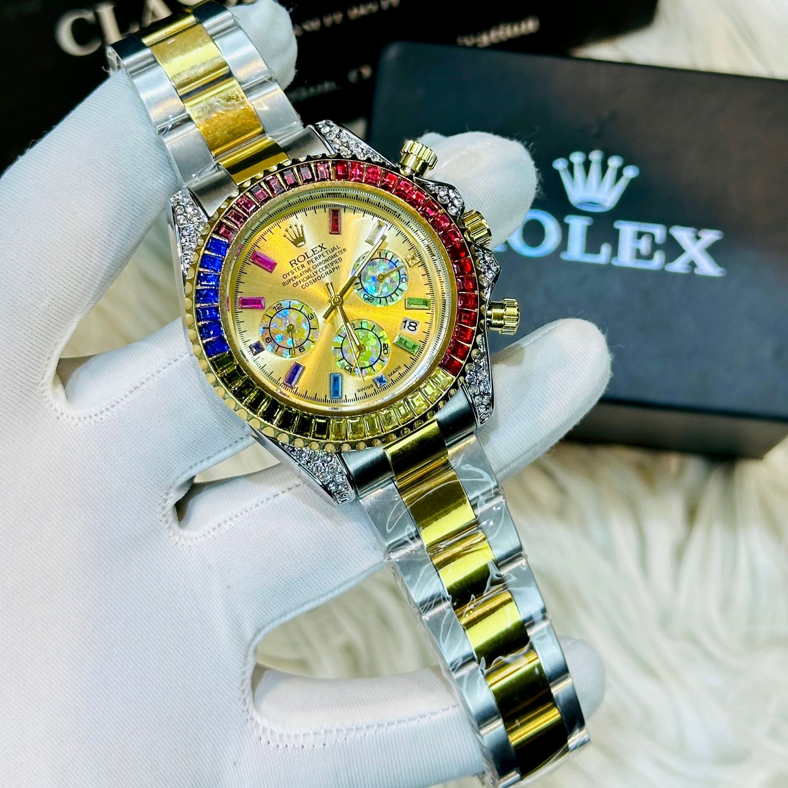 Premium Quality RLX Rainbow Golden Watches & Bracelet Combo