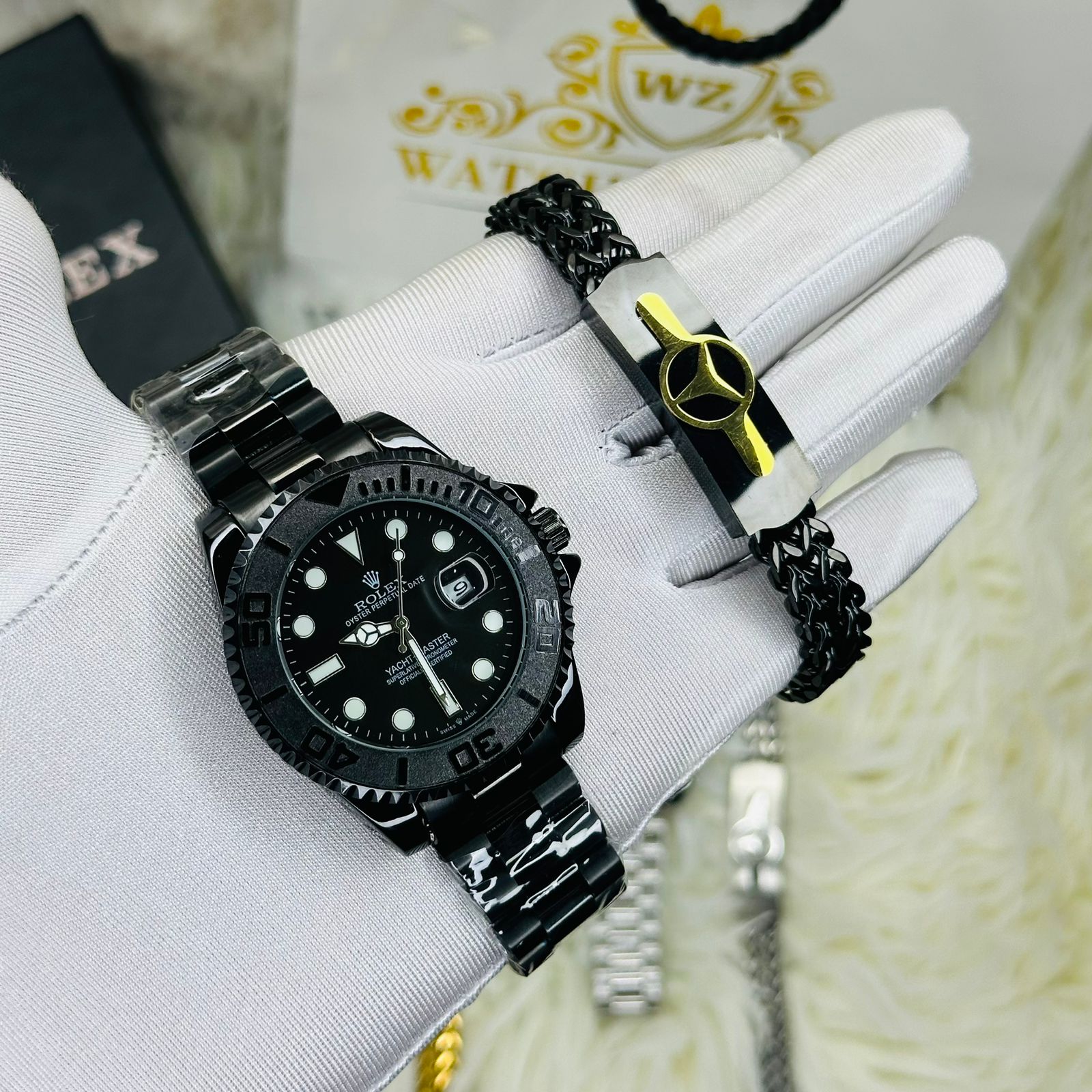 Premiume Quality Yach Sub Full Black RLX  Watches & Bracelet Combo