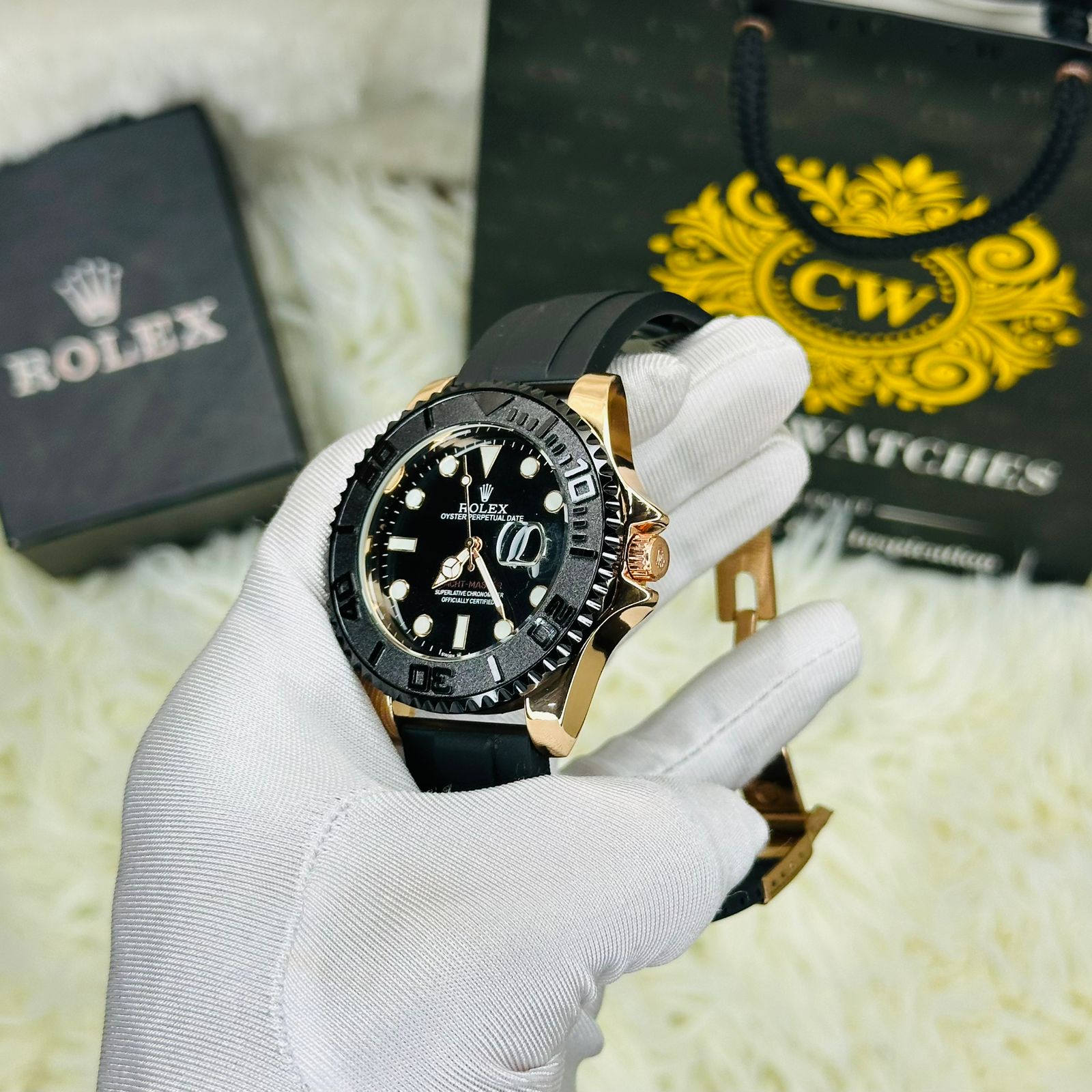 Premium Quality RLX Yach Sub RoseGold Black Belt Watches