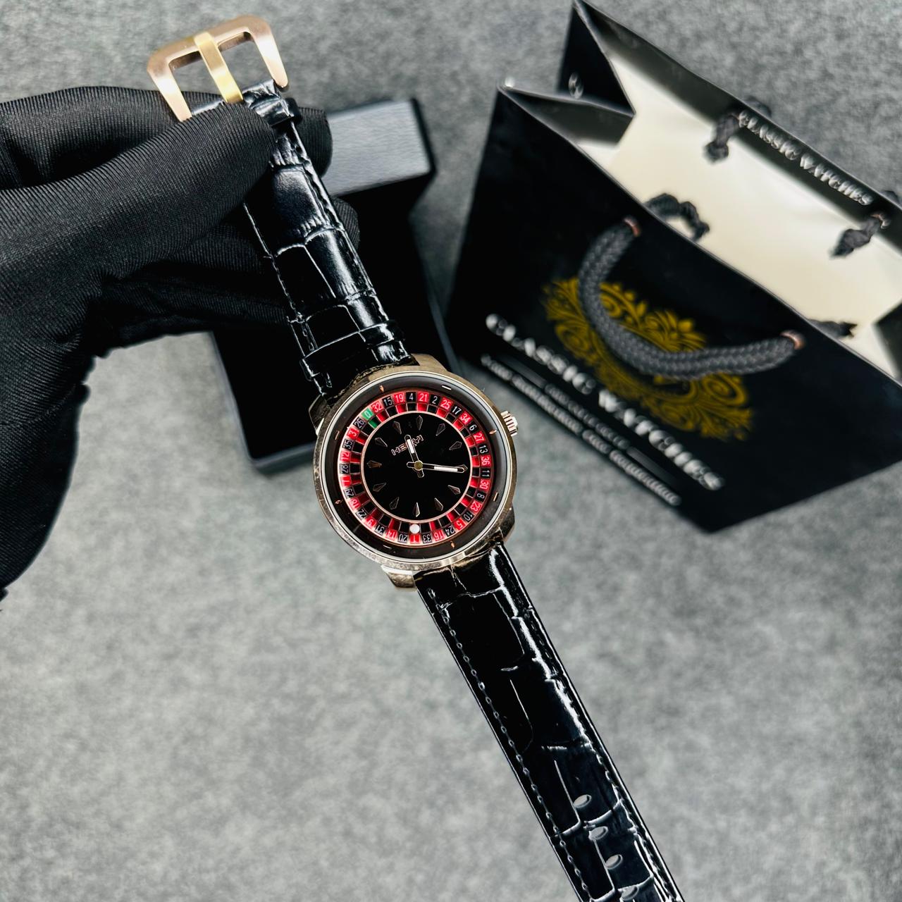 Premium Leather Casino Watch Rose Body Dial Black