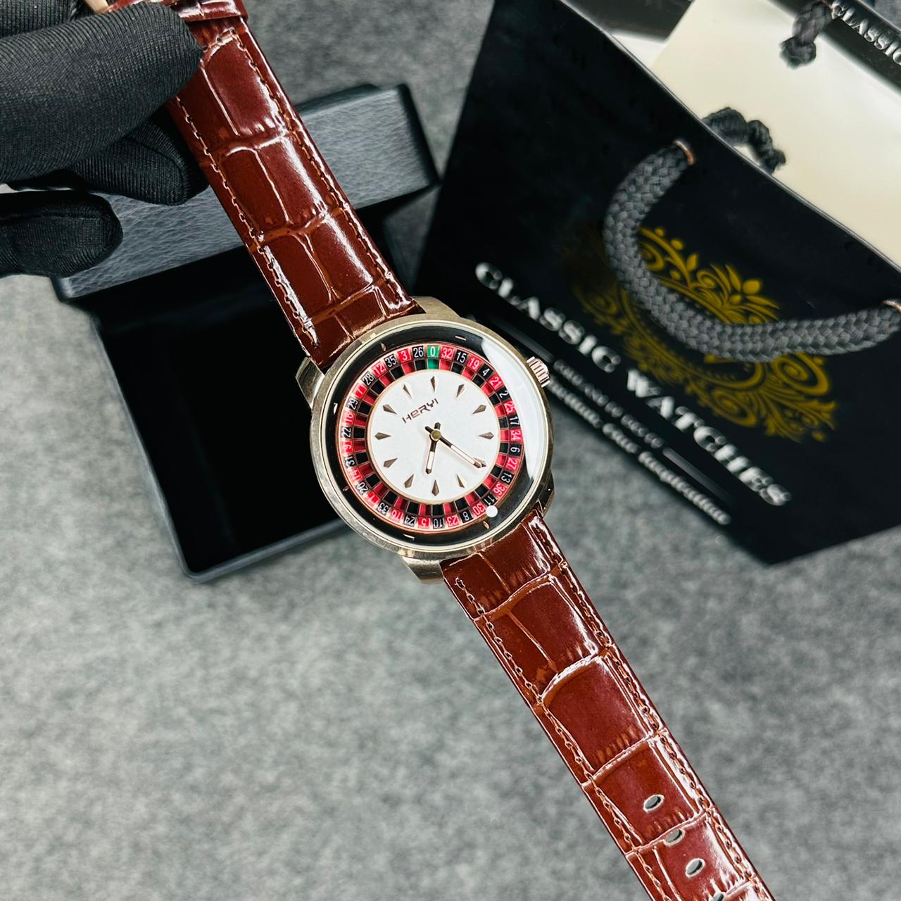 Premium Leather Casino Watch Rose Body Dial Black