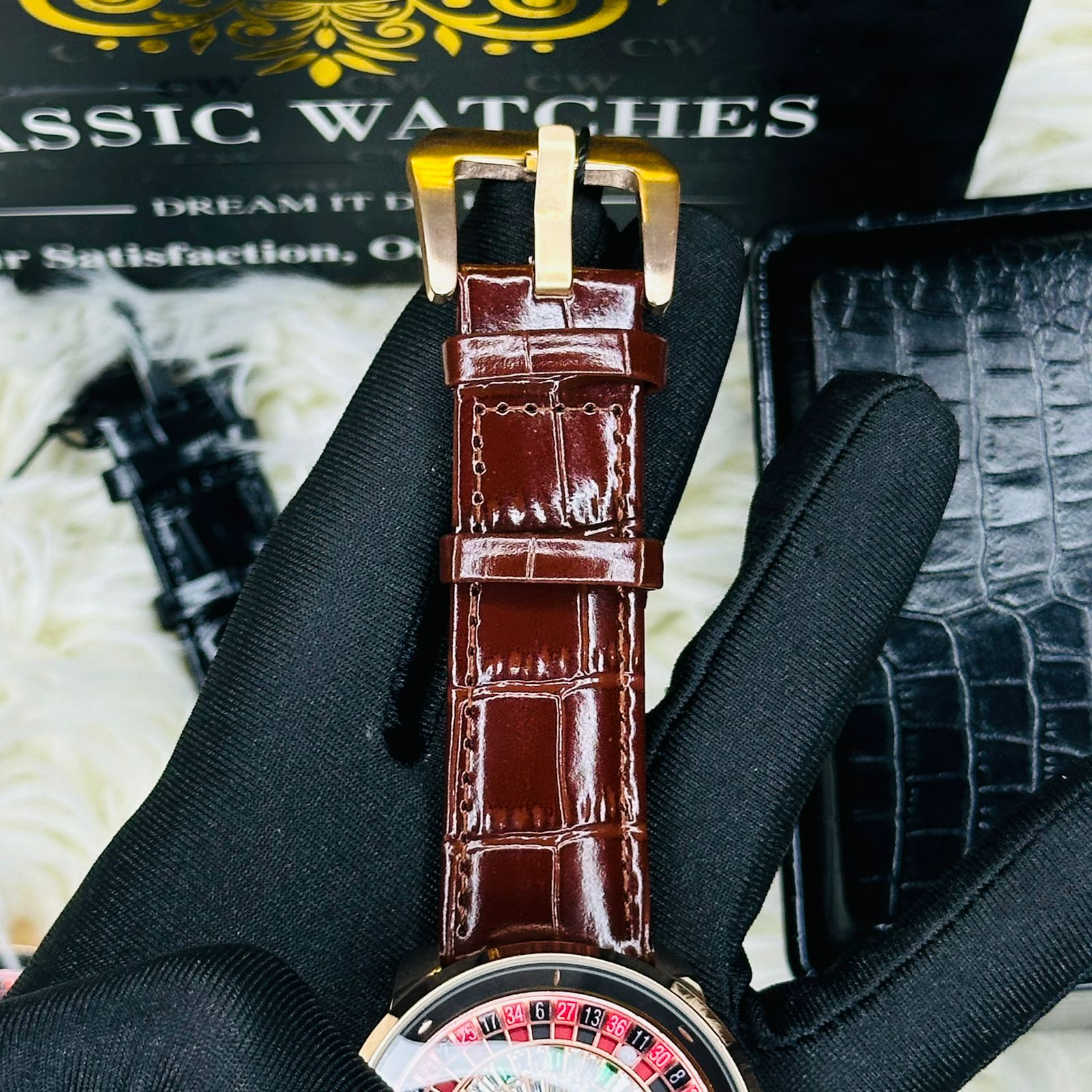 Premium Brown Leather Casino Stone Watch Rose Body