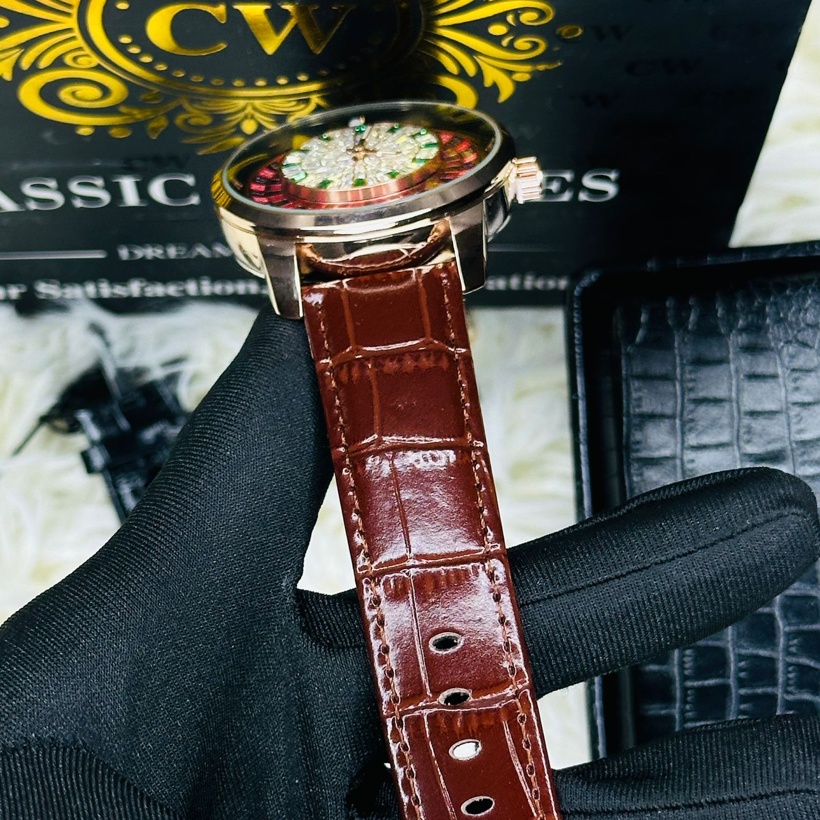 Premium Brown Leather Casino Stone Watch Rose Body