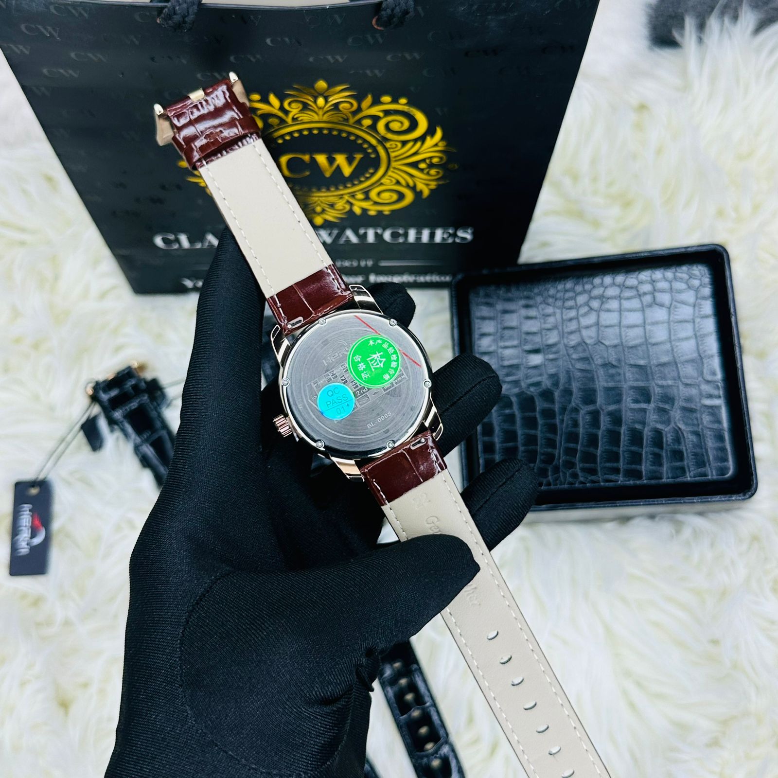 Premium Brown Leather Casino Stone Watch Rose Body