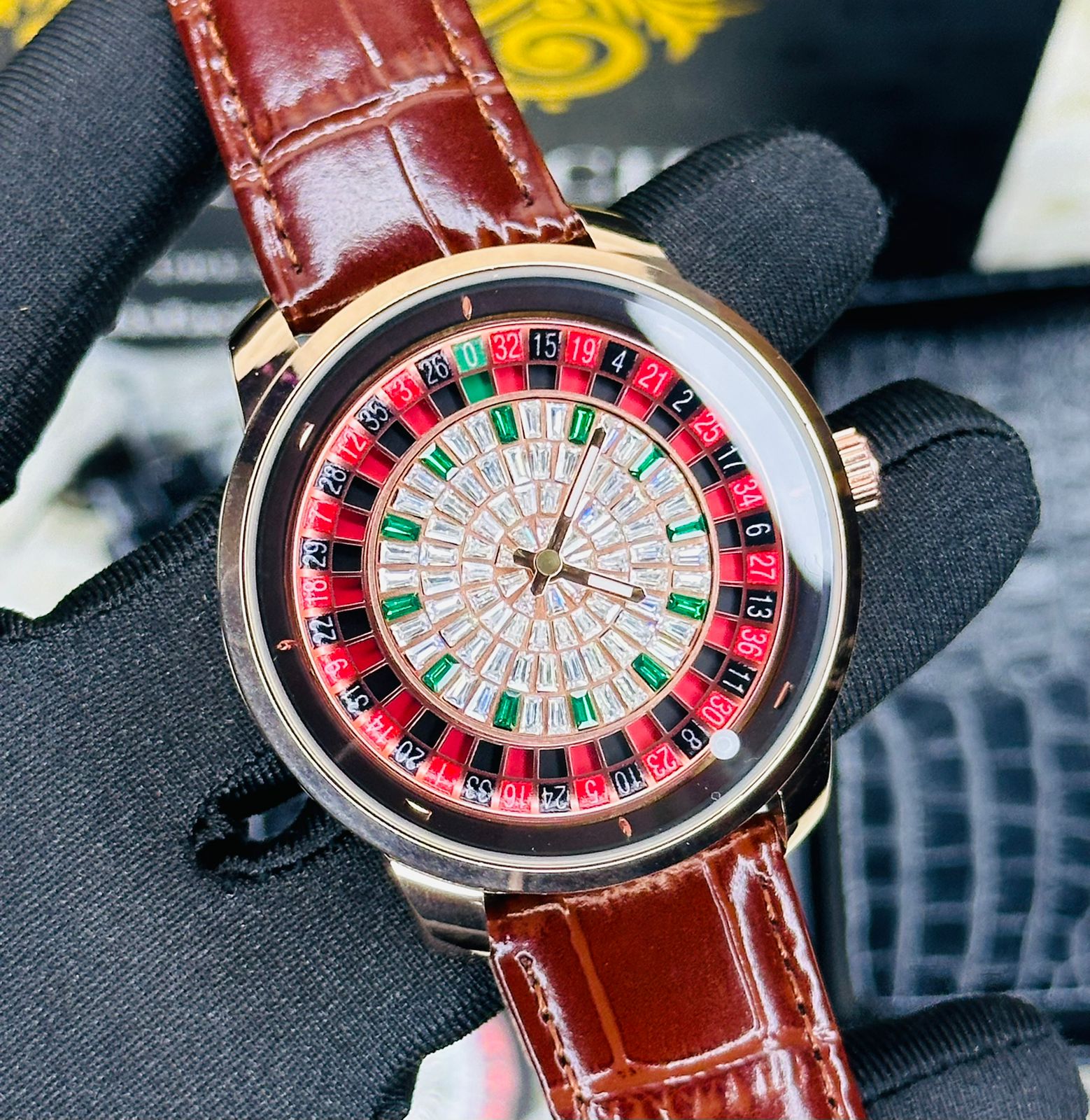 Premium Brown Leather Casino Stone Watch Rose Body