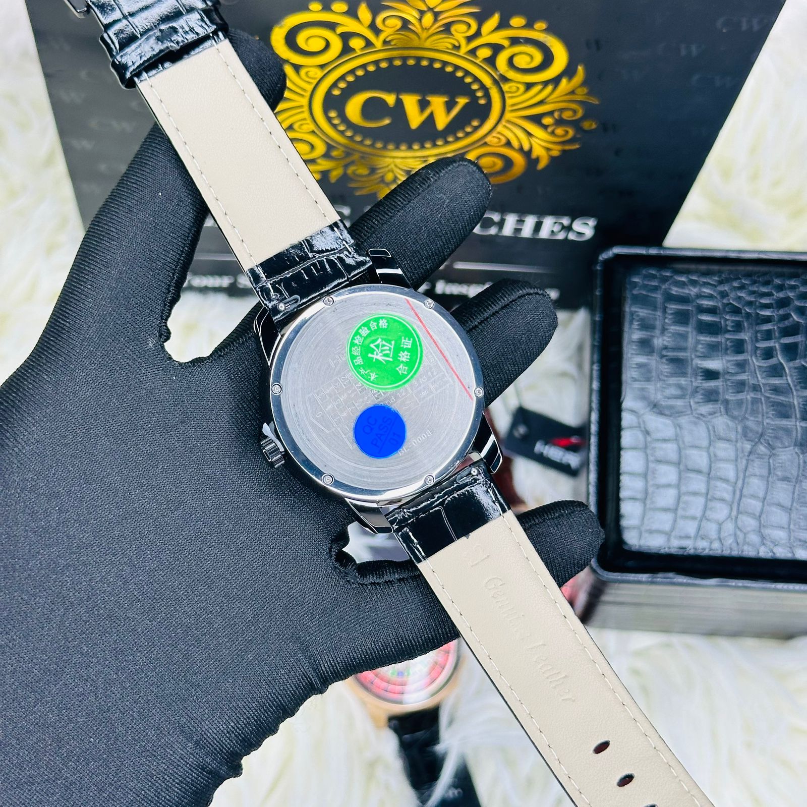 Premium Black Leather Casino Stone Watch Black Body