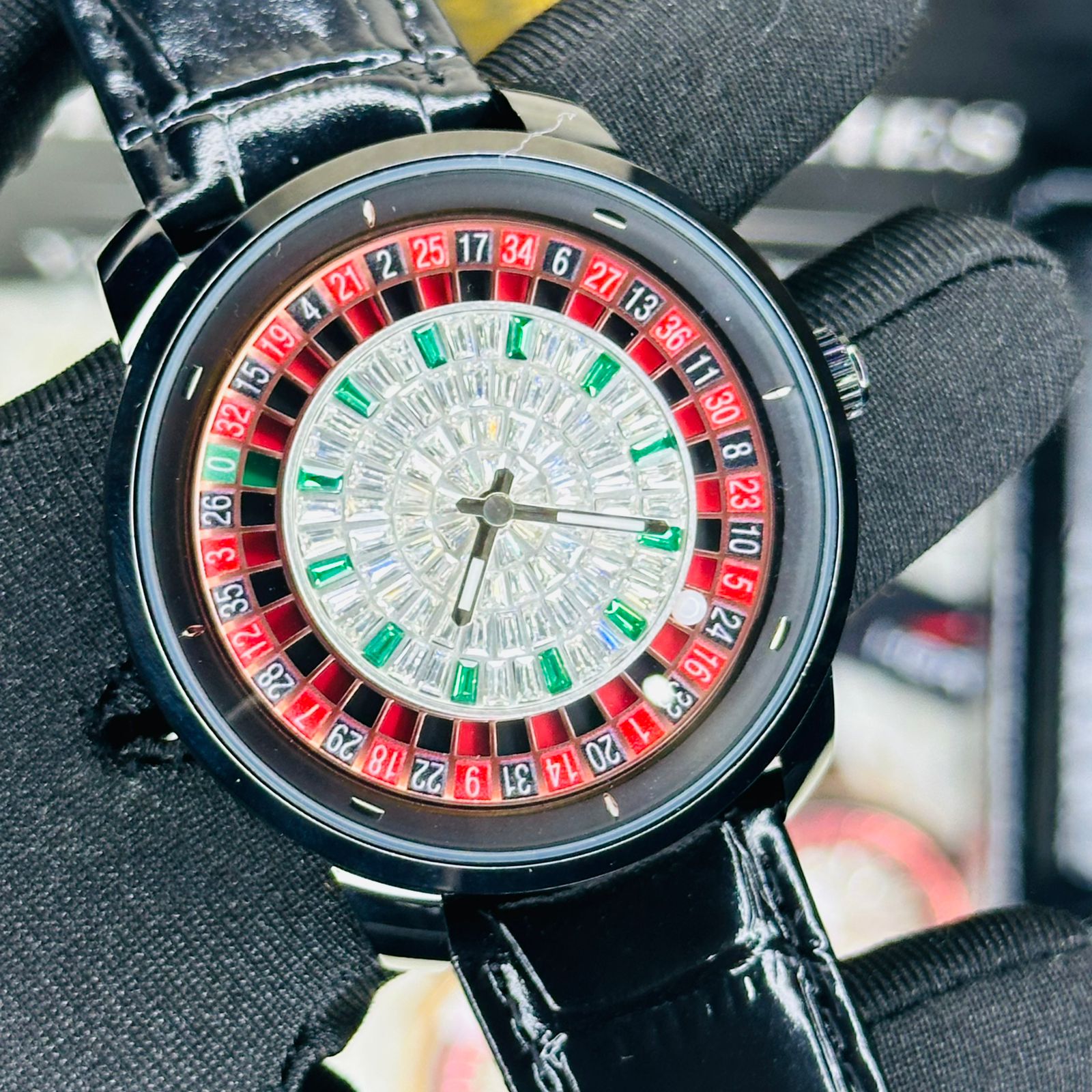 Premium Black Leather Casino Stone Watch Black Body