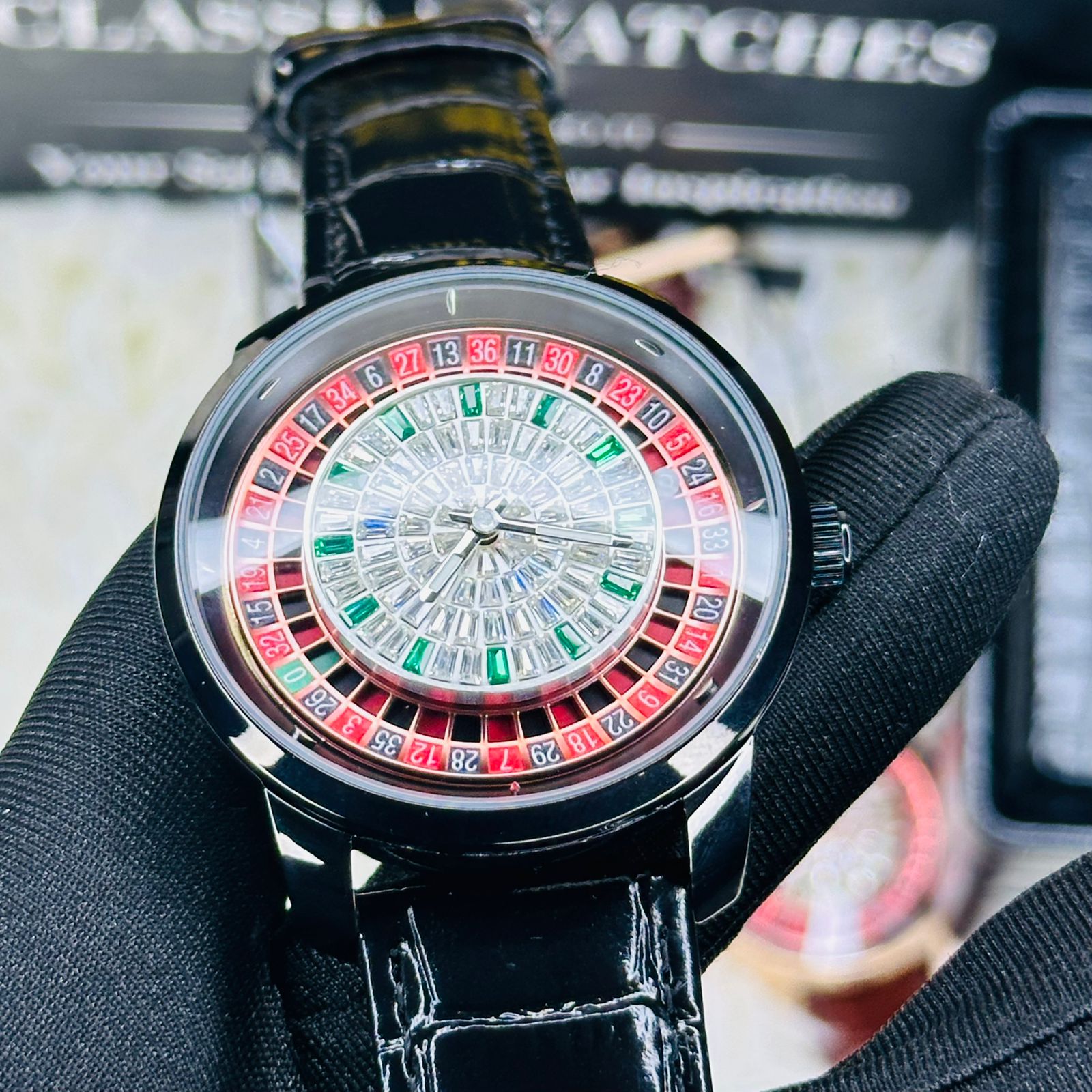 Premium Black Leather Casino Stone Watch Black Body